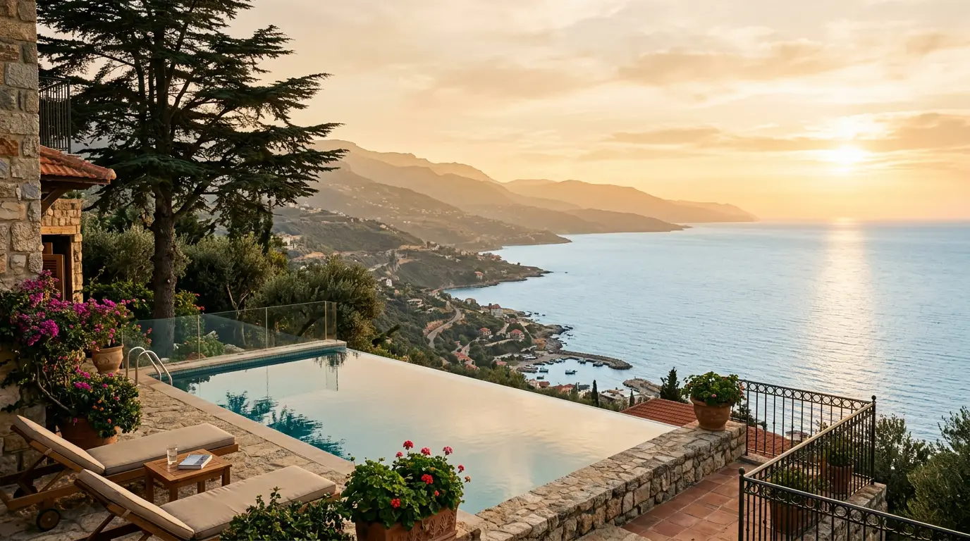Stone villa terrace overlooking the Lebanese coast at golden hour